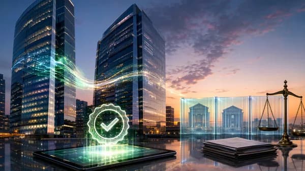 Modern banking towers and digital finance streams symbolize a major acquisition awaiting regulatory approval.