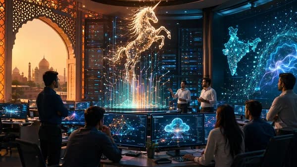Indian AI startup workspace with glowing neural networks and a luminous unicorn symbolizing major funding.