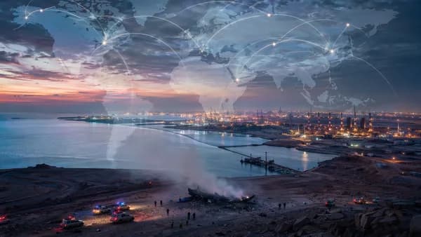 Somber Saudi Gulf coast helicopter crash scene with responders, smoke, and global map connections.