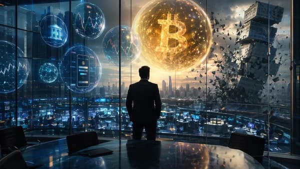 Fintech executive views rising crypto asset and cracking leverage blocks in a modern digital finance setting.