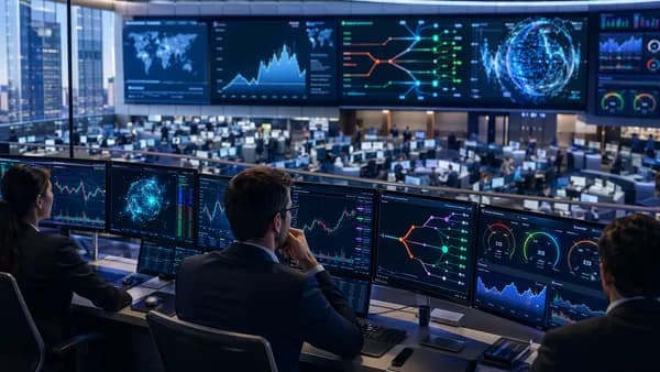 Modern trading floor with abstract prediction-market options and market charts on brokerage screens.