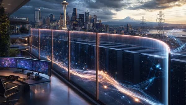 Seattle skyline with paused AI datacenter racks and glowing power grid, symbolizing a year-long ban.