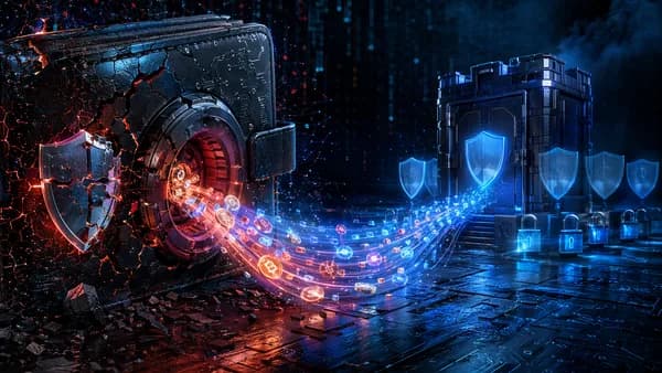 Crypto wallet exploit with breached vault, exposed nodes, and assets moving to secure custody