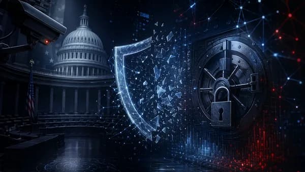 Dark cybersecurity scene with fading surveillance network, fractured shield and locked data vault.