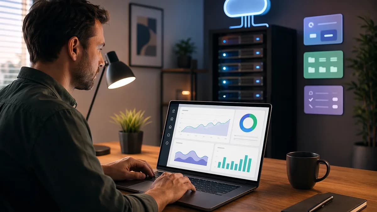 Small business owner reviewing abstract SEO dashboard with cloud SaaS tools and server infrastructure