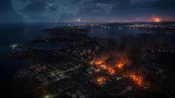 Night aerial of darkened Crimea coast with damaged infrastructure and global map overlay.