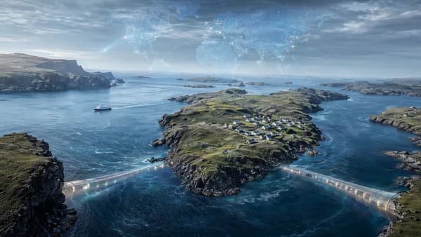 Aerial Shetland islands with glowing undersea tunnels, ferry, and subtle global map connections.