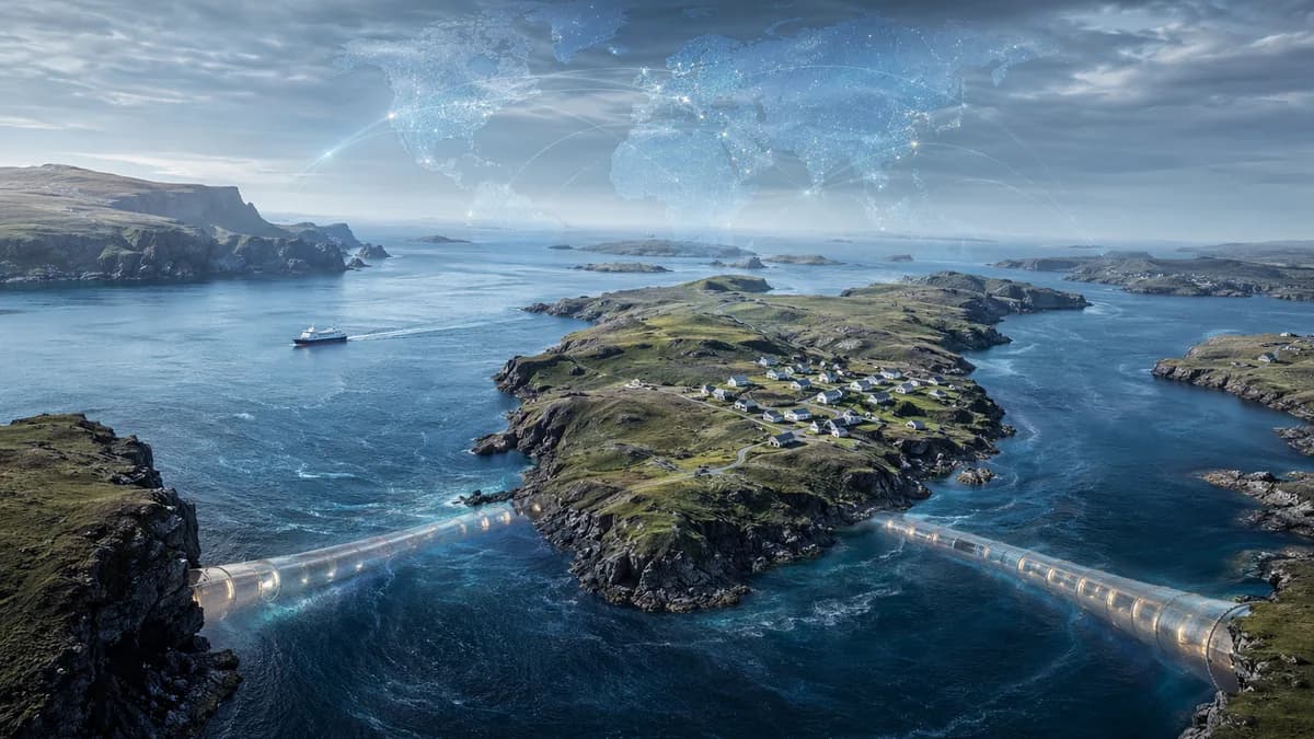 Aerial Shetland islands with glowing undersea tunnels, ferry, and subtle global map connections.