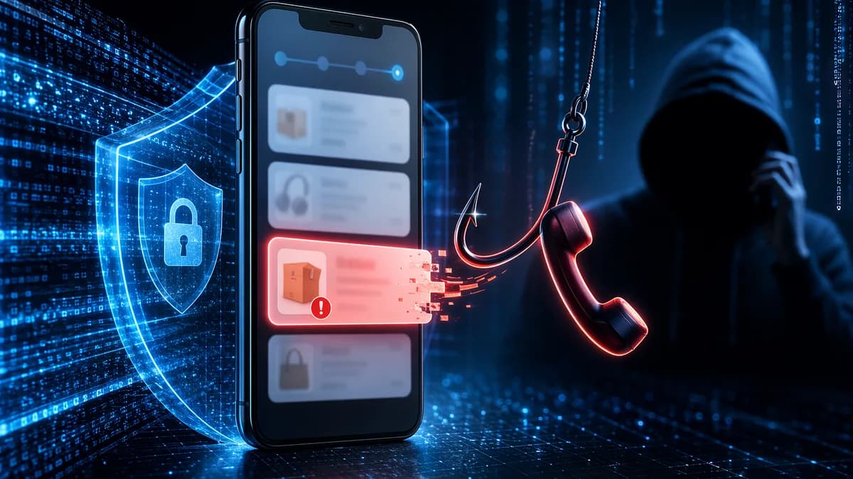 Smartphone order history targeted by phishing scam, protected by digital shield in dark cybersecurity scene