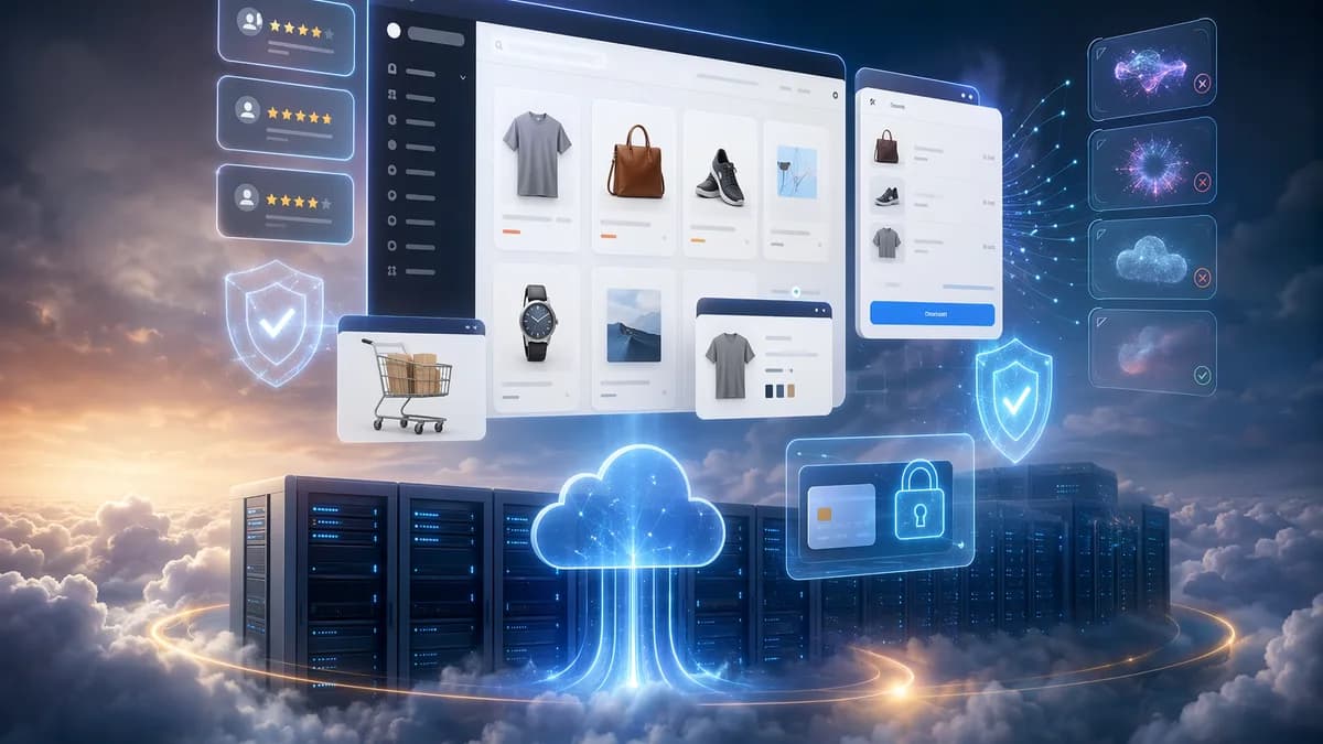 E-commerce SaaS dashboard with trust shields, review icons, and cloud infrastructure in a modern checkout scene