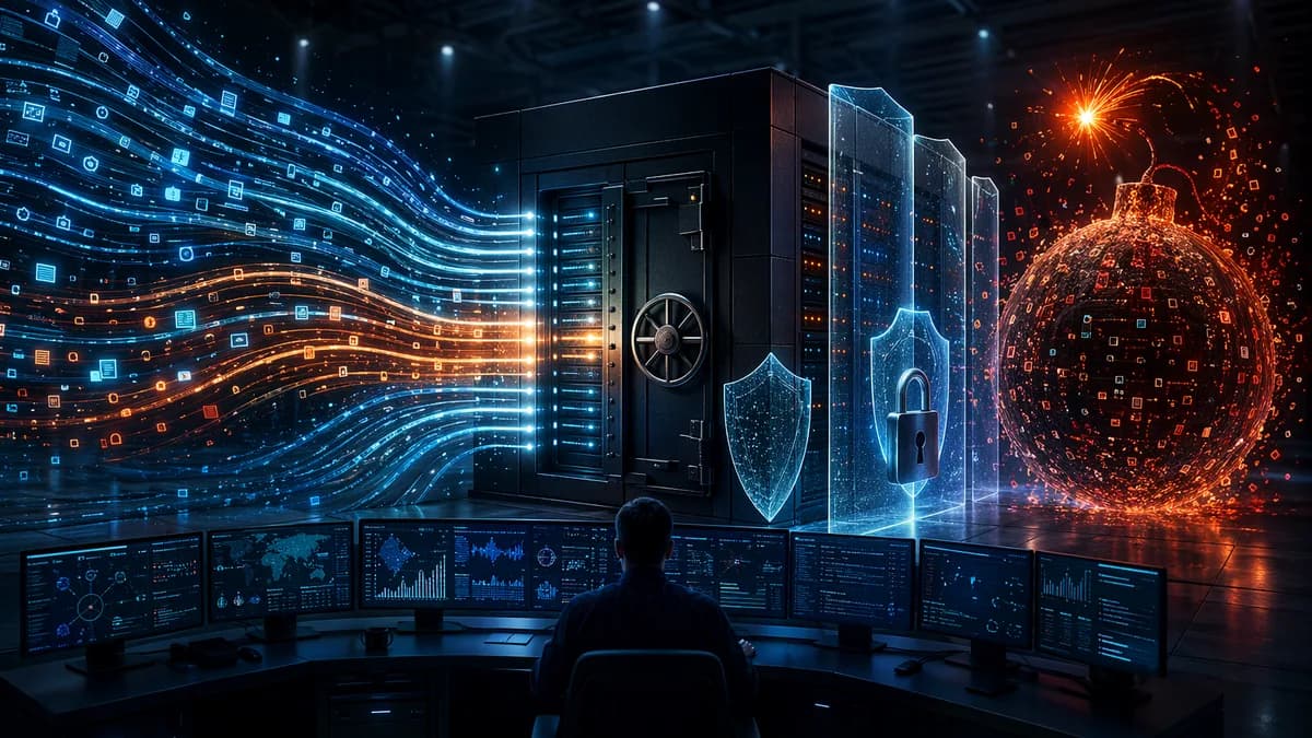 Cybersecurity data streams overwhelm a protected server vault, symbolizing hidden SIEM ingestion costs.