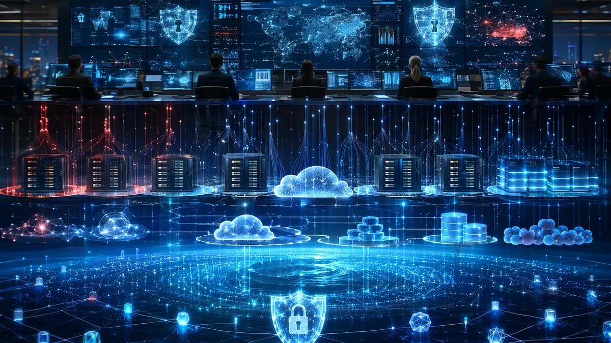 Secure data lake and SIEM alerting architecture with glowing telemetry pipelines and shield icons
