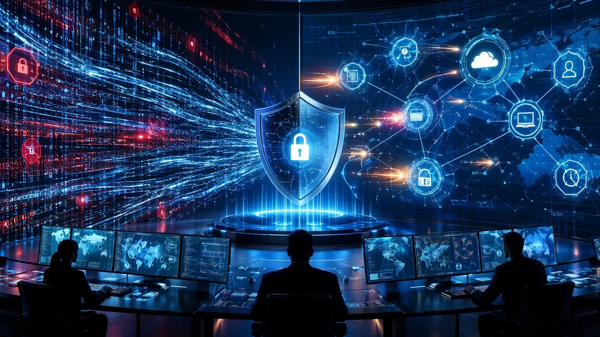 Futuristic SOC comparing log analysis and cross-control security response platforms.