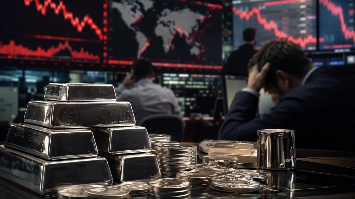 Silver bars on a tense trading desk with abstract falling market charts and inflation uncertainty.