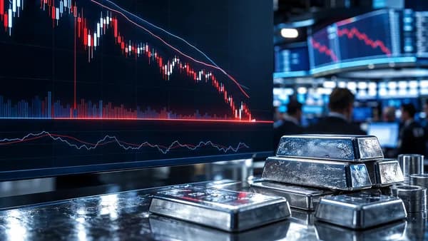 Silver trading floor with bearish market charts and silver bars under cinematic lighting