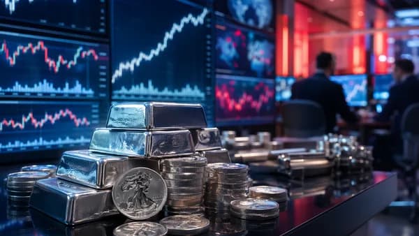 Silver bars on a trading desk with volatile market charts and blurred traders in a modern trading floor.