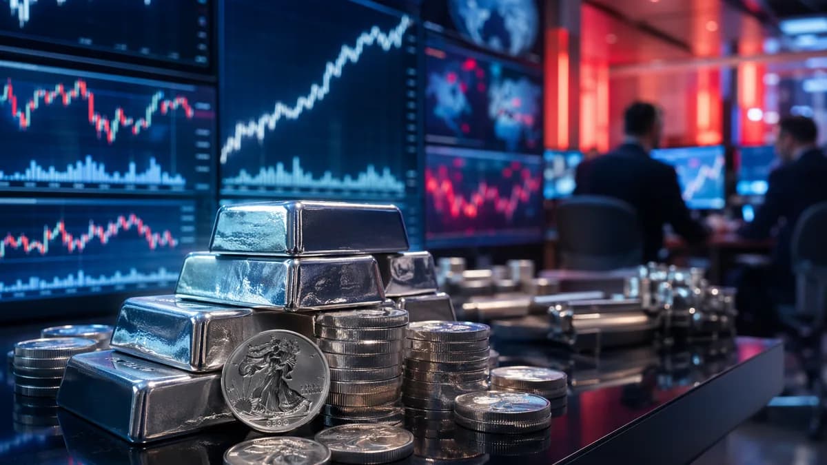 Silver bars on a trading desk with volatile market charts and blurred traders in a modern trading floor.