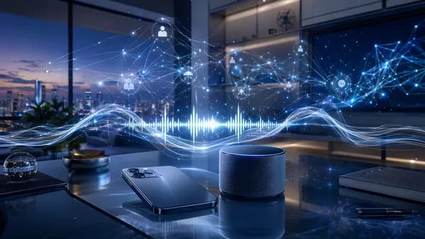 Minimal smartphone and voice assistant surrounded by glowing AI neural networks in a futuristic workspace.