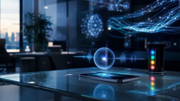 Minimal smartphone with fading AI voice orb in a sleek futuristic workspace, suggesting restrained assistant intelligence.