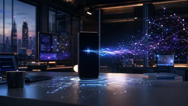 Logo-free smartphone with glowing AI voice assistant network in a futuristic tech workspace