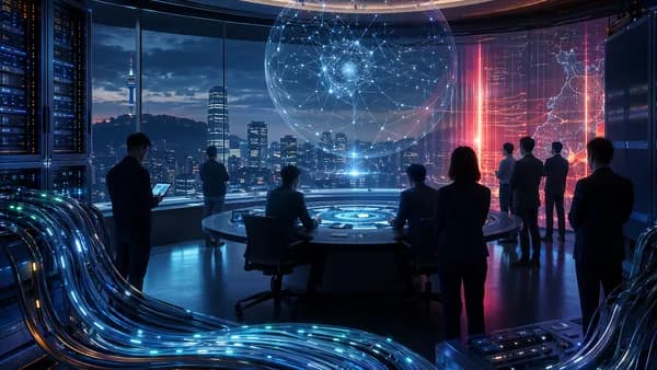 Telecom command center with AI network sphere, officials, servers, and locked data streams in a tense tech scene.