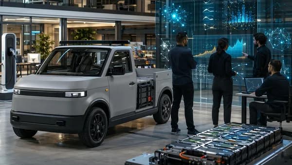 Minimalist electric pickup in a futuristic tech showroom with abstract cost and preorder visuals.