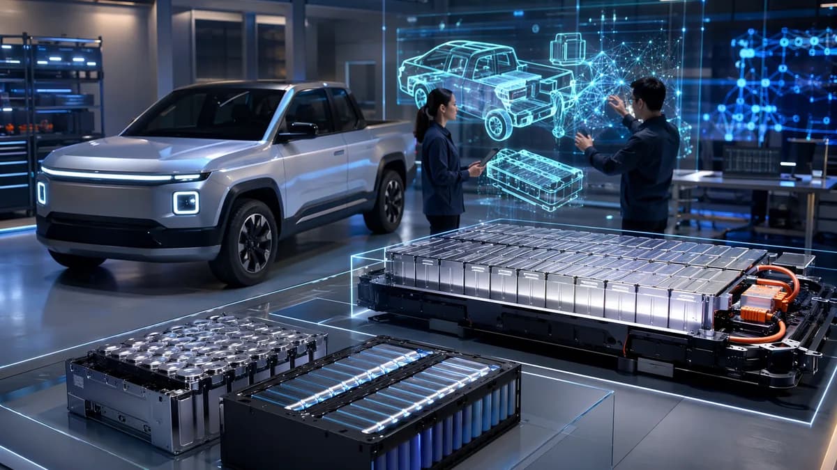 Affordable electric pickup prototype beside LFP battery modules in a futuristic EV research lab.