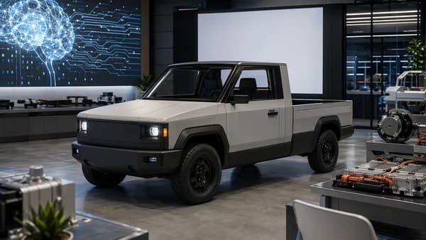 Minimalist electric pickup in a futuristic tech lab, highlighting simple affordable EV design.