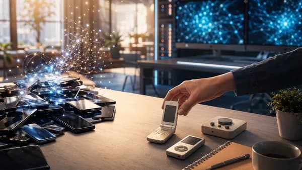 Minimal desk with smartphones set aside as a hand reaches for simple slowtech gadgets in a calm tech workspace.