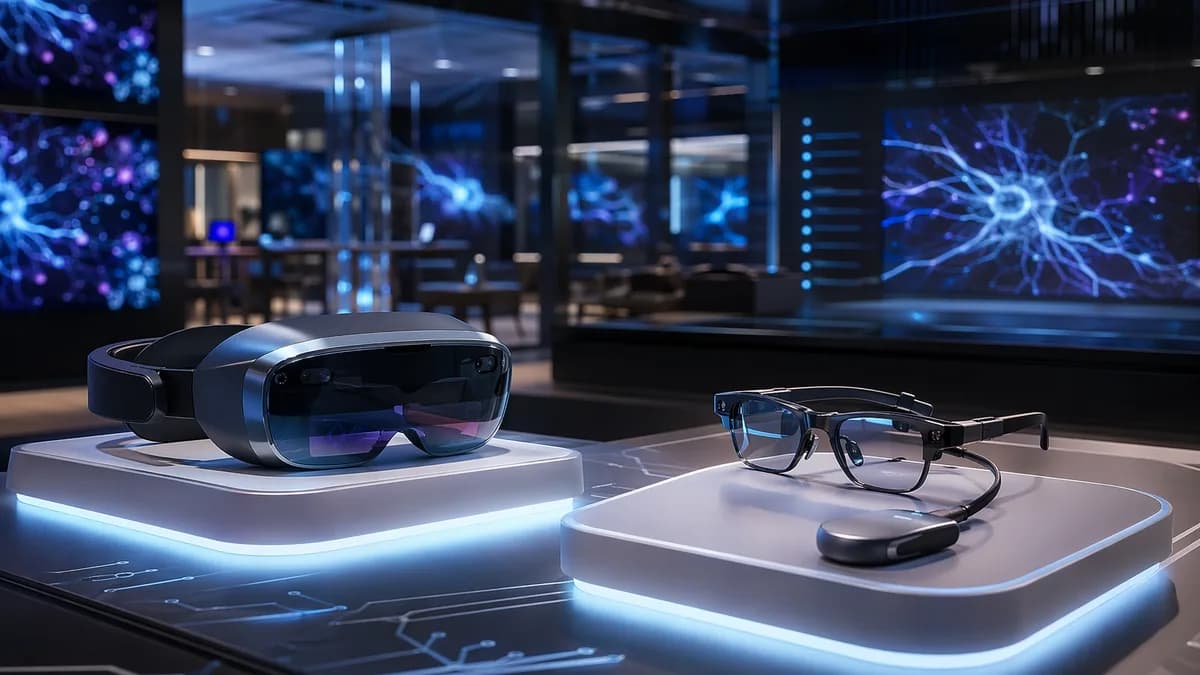 Two futuristic smart glasses designs displayed in a sleek tech workspace with holographic network lighting.