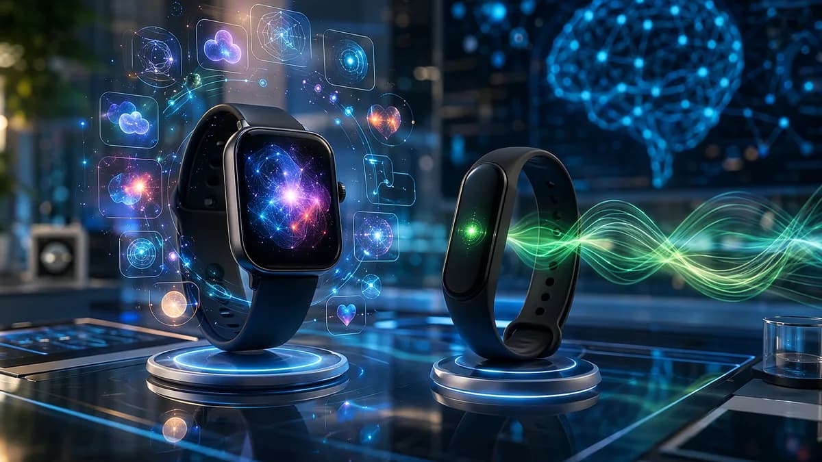Smartwatch and fitness tracker compared in a futuristic lab with app icons and battery glow.