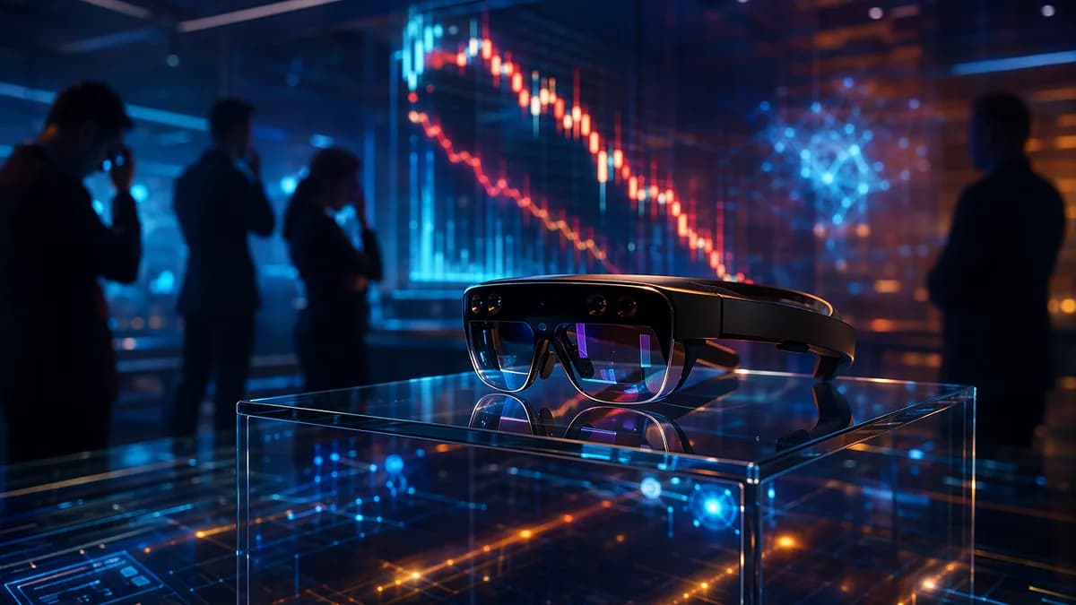 Premium AR glasses in a tech lab with falling market visuals symbolizing investor pressure