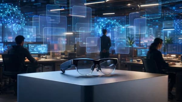 Sleek AR glasses on a pedestal in a futuristic developer workspace with blank holographic app tiles.