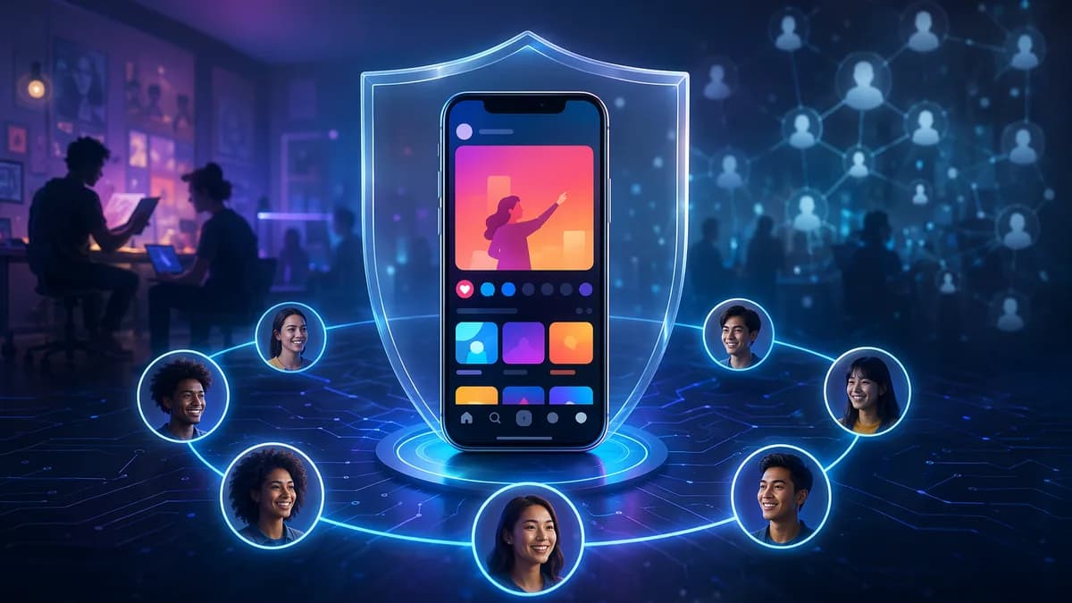 Generic social video app with privacy shield limiting teen sharing to friends in a futuristic tech setting.