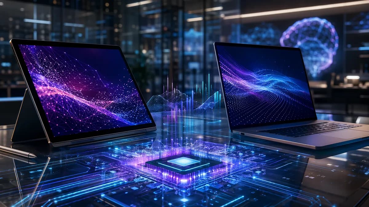 Premium laptop and tablet with glowing chip visuals in a futuristic tech workspace