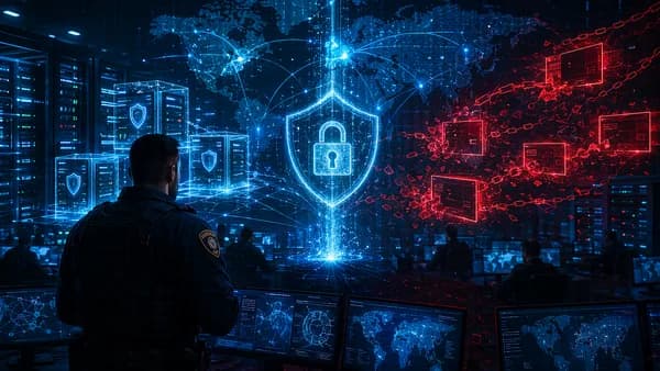 Cyber police operation cleaning infected websites and seizing servers in a dark digital security scene.