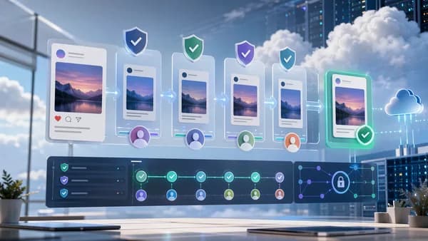 SaaS approval workflow dashboard with secure review gates, audit trails, and cloud infrastructure.
