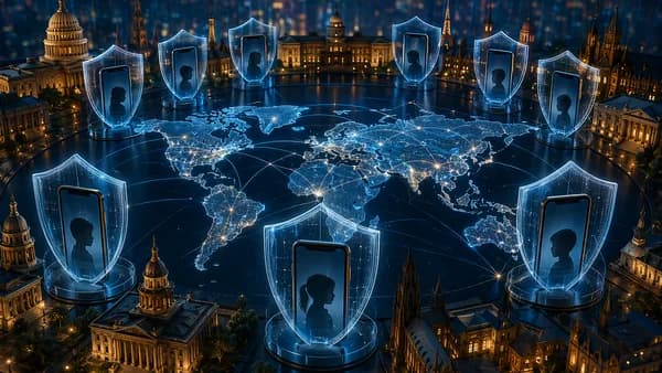 Digital world map with shields, phones, and government buildings symbolizing global child social media bans.