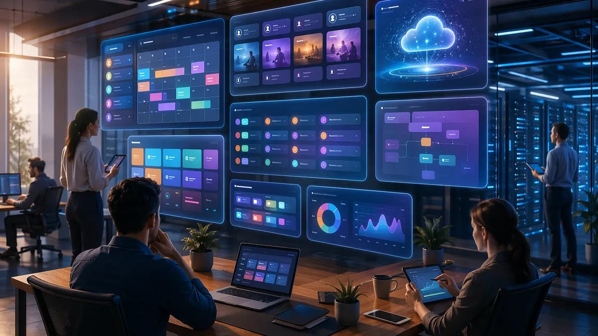 Agency team managing social media scheduling dashboards, approvals, automation, and analytics in a modern workspace.