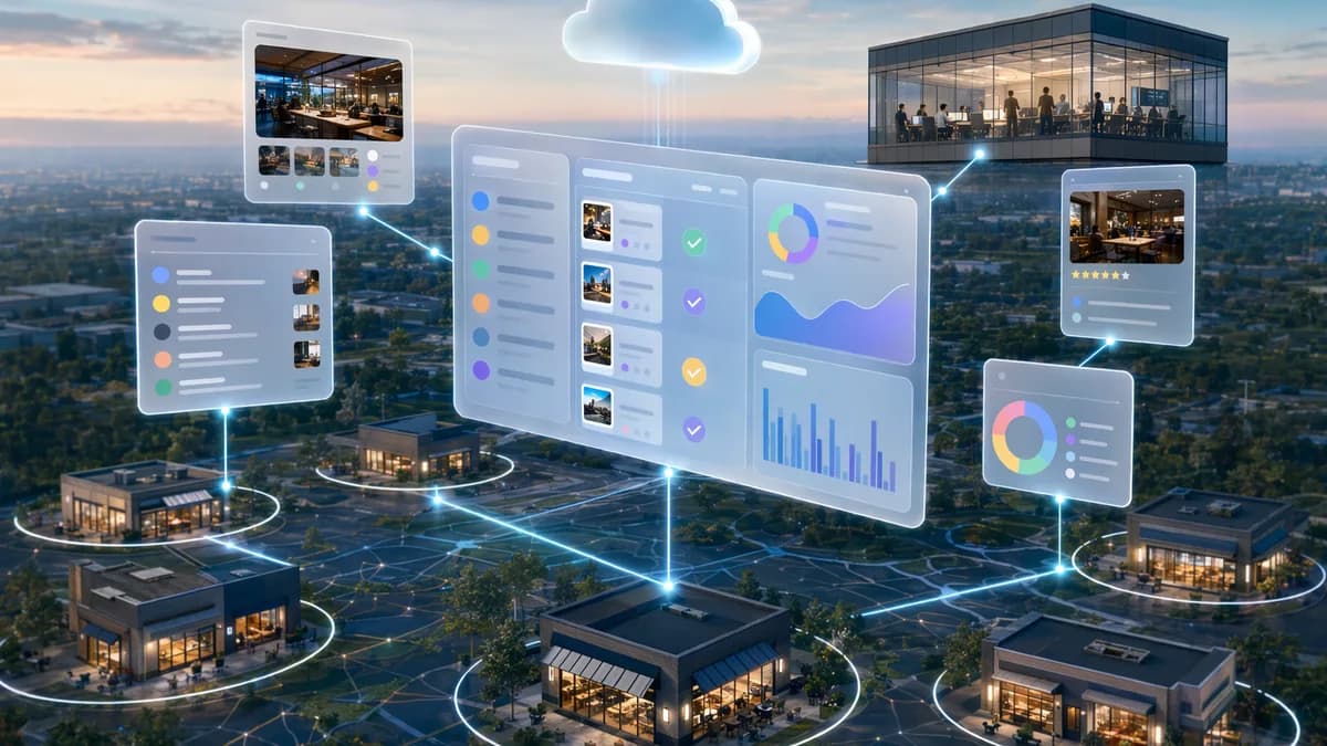 SaaS dashboard linking HQ controls with multiple local locations, reviews, inboxes, and analytics.