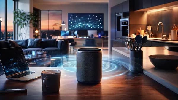 Compact wireless speaker on a modern desk and kitchen counter in a sleek smart home setting.