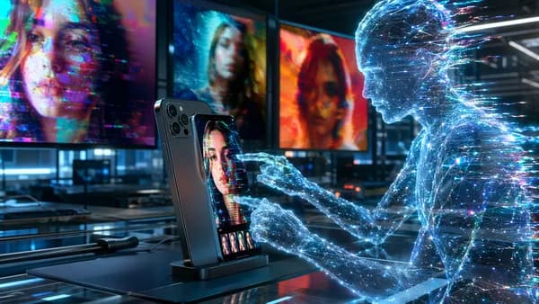 Unbranded smartphone with glitching AI assistant and overprocessed photo previews in a futuristic workspace