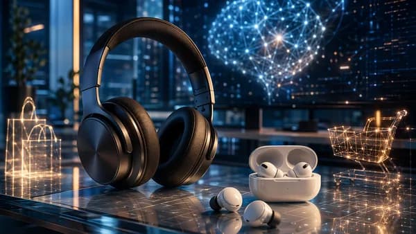 Premium headphones and earbuds on a futuristic tech desk with glowing screens and circuits