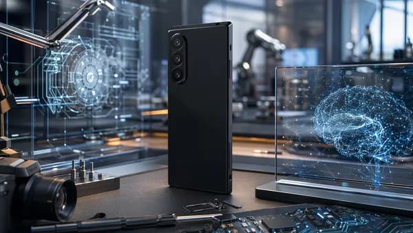 Unbranded flagship smartphone in a futuristic tech workspace with circuits and AI interface glow.
