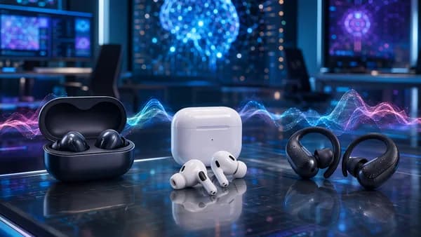 Three premium wireless earbuds displayed in a futuristic tech workspace with holographic audio waves.