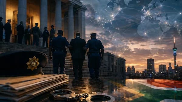 Symbolic courthouse scene on South African police corruption case with global map connections