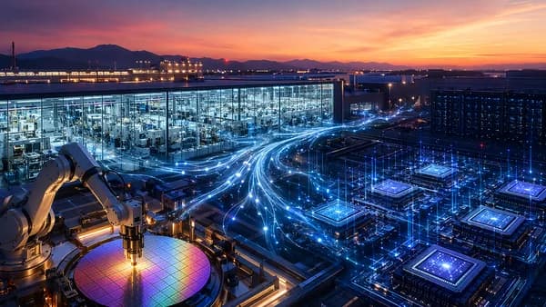 AI chip fab with glowing capital streams overshadowing crypto mining rigs in a futuristic tech hub