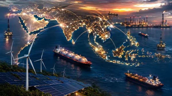 World map linking Middle East and Southeast Asia with tankers, energy infrastructure, and renewables.