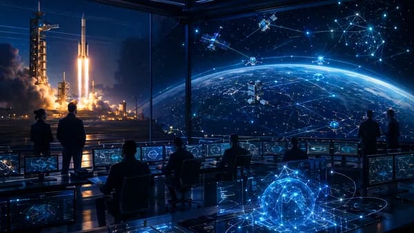 Mission control with rocket launch and orbital AI compute network around Earth, futuristic investment theme