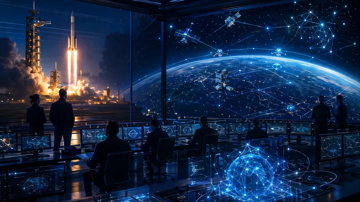 Mission control with rocket launch and orbital AI compute network around Earth, futuristic investment theme